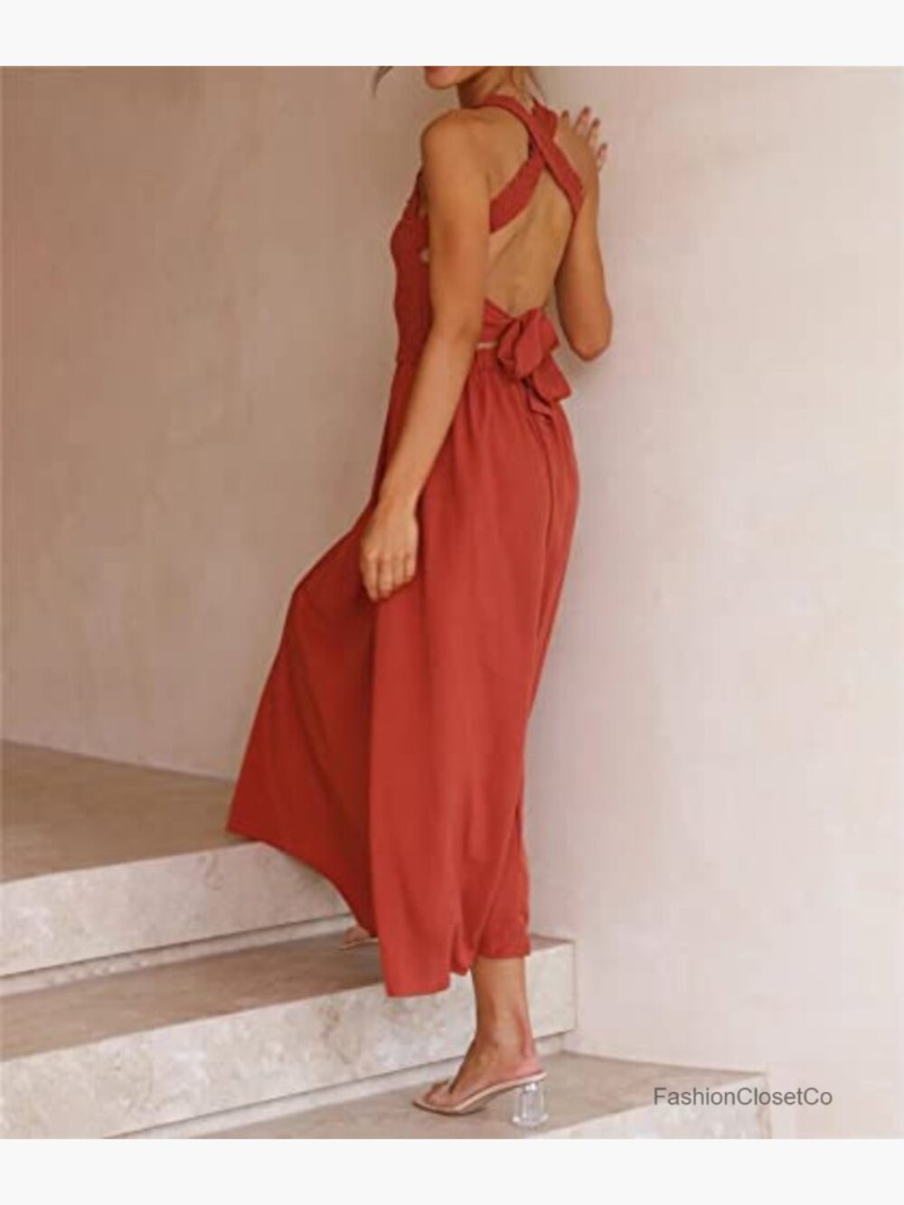 Square Neck Halter Lace Up Criss Cross Maxi Dress Smocked Ruched A Line - Picture 5 of 6